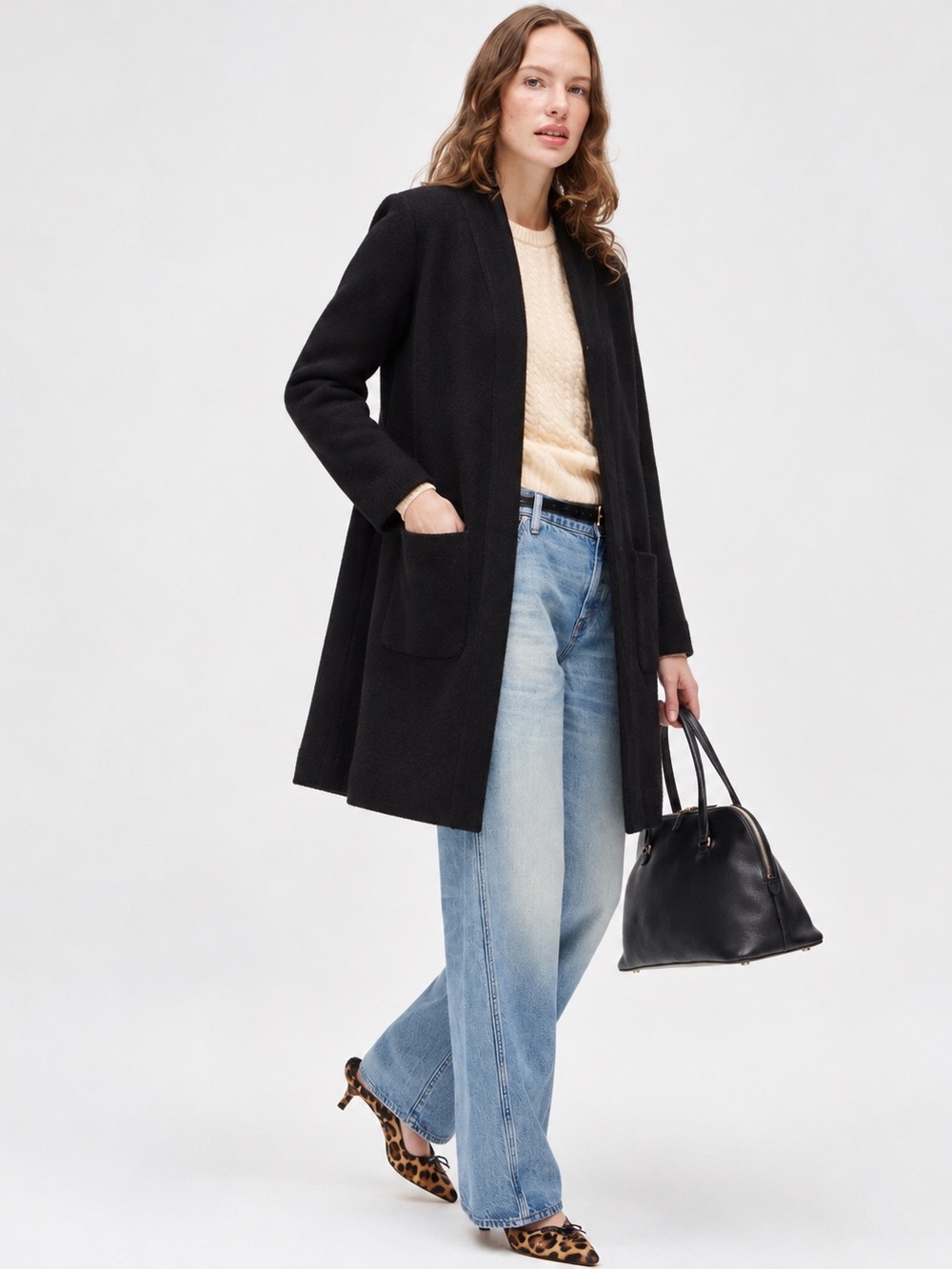 J.Crew Long Open Front Cardigan Black Merino Wool Blend Pockets Size M NWT